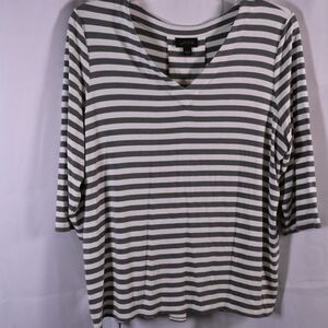 J Jill Wearever Collection Womens Med Gray White Striped V-Neck 3/4 Sleeve Top
